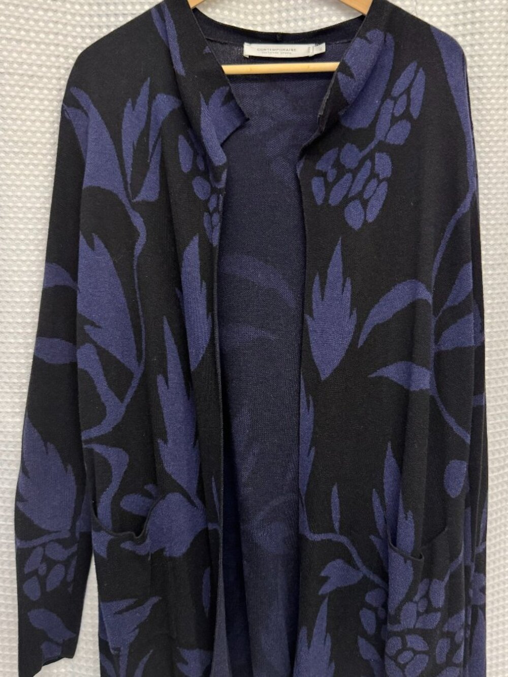 SIMONS Blue & Black Patch Pocket Open Cardigan Size L
